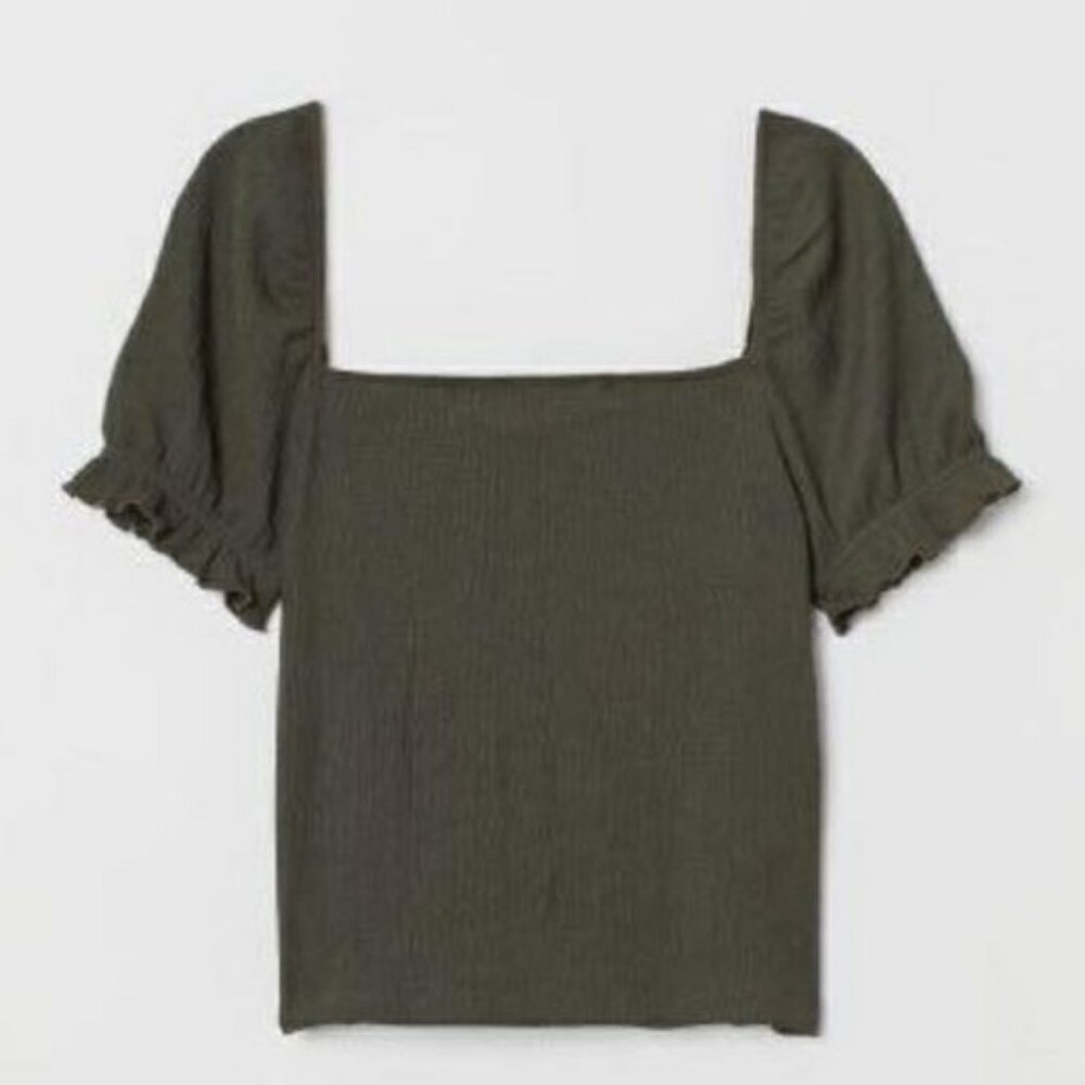 H&M | Puff-sleeved Top Khaki Green | Sz Medium